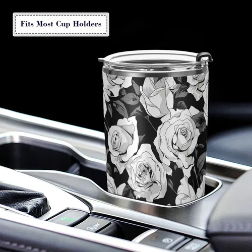 Miniatura 5 de Taza de acero inoxidable simple rosa en blanco y negro con tapa de pajilla, taza de café de viaje aislada para bebidas calientes y frías, taza