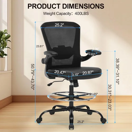 Miniatura 3 de Silla de Dibujo Silla Alta de Oficina con Asiento de Cuero PU, Silla de Escritorio Ergonómica de Pie de 400lbs con Soporte Lumbar, Taburete