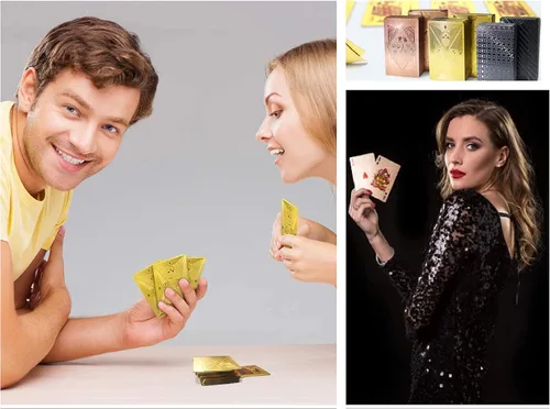 Miniatura 6 de 3 barajas de cartas impermeables de plástico para jugar cartas de póquer, color negro y oro rosa, cartas temáticas estándar de póquer impermeables