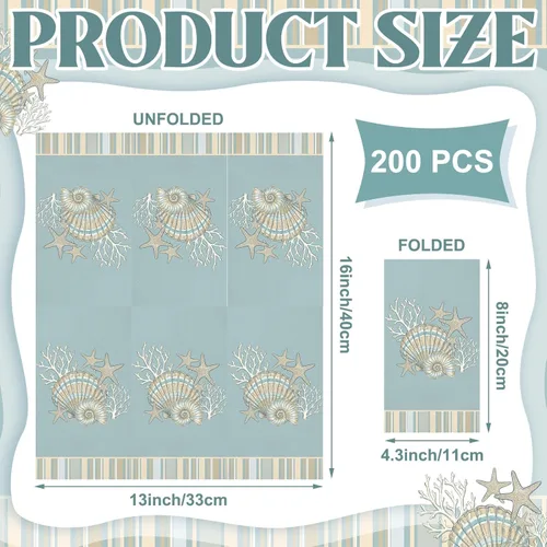 Miniatura 4 de Jetec 200 servilletas de papel costeras con conchas marinas, toallas de mano de papel para baño, desechables, diseño de estrella de mar azul marino