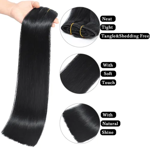 Miniatura 2 de Extensiones de cabello humano con clip, de 18 pulgadas, 8 piezas, color negro azabache, extensiones de cabello humano real para mujer, extensiones