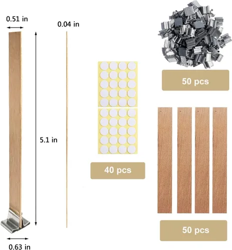 Miniatura 4 de 120 mechas de madera para velas, madera natural de 0.039 pulgadas de grosor con calcomanías de mecha y clips para hacer velas de bricolaje