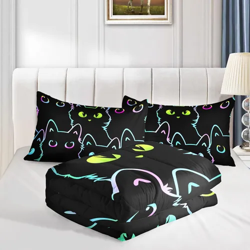 Miniatura 4 de Axolotl - Juego de ropa de cama para niños con diseño de gatos de dibujos animados tamaño individual, juego de edredón con líneas degradadas y lindo