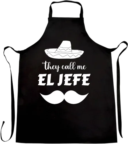 El Jefe - Delantal de cocina, poliéster y algodón negro, talla única, diseño de chef mexicano con sombrero, ropa de trabajo de cocina unisex, 33 x