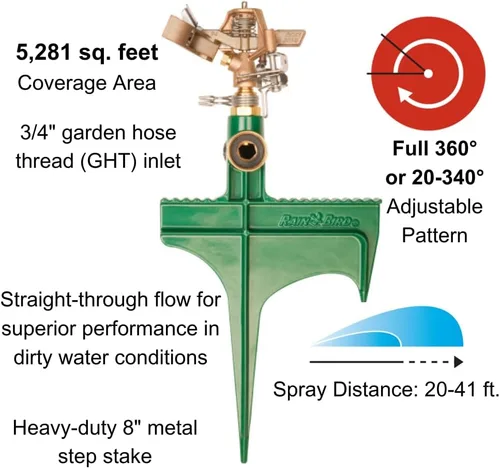 Miniatura 2 de Rain Bird 25PJ - Rociador de impacto de latón, verde, patrón ajustable de 20° a 360°, distancia de pulverización de 20 a 41 pies