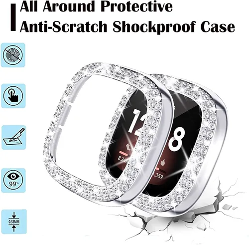 Miniatura 2 de Funda protectora brillante compatible con Fitbit Versa 3/Sense, marco de parachoques de diamantes de imitación de cristal brillante para mujer