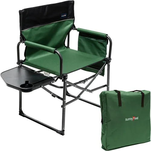 SUNNYFEEL Silla de directores de camping, resistente, silla plegable portátil de gran tamaño con mesa auxiliar, bolsillo para playa, pesca, viaje,