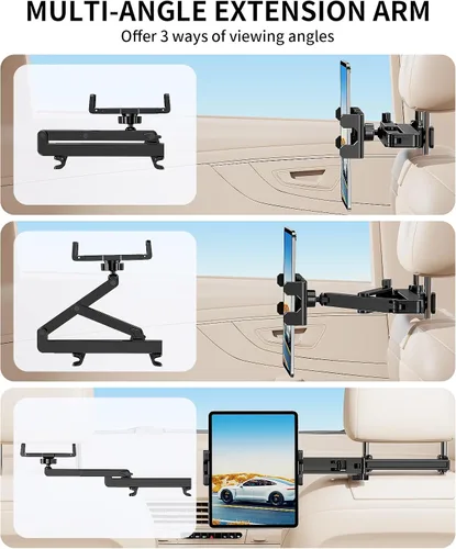 Miniatura 4 de Soporte para tablet para reposacabezas de automóvil [brazo de extensión resistente 3 en 1] Soporte ajustable para iPad para asiento trasero
