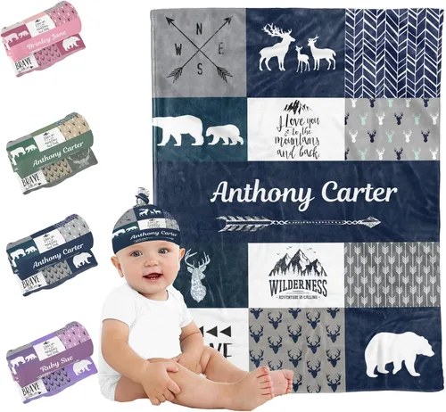 Mantas de bebé personalizadas, mantas personalizadas con nombre Woodland y sombrero para niños, niñas y niños Azul marino