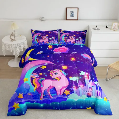 Miniatura 14 de Feelyou Juego de ropa de cama de unicornio para niñas, bonito edredón con purpurina de unicornio de dibujos animados arco iris para niños, juego
