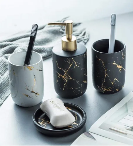 Miniatura 3 de Juego de accesorios de baño, 4 piezas/juego de accesorios de baño de cerámica de lujo, dispensador de jabón/loción, vaso de baño, jabonera