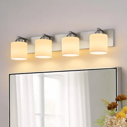 Miniatura 20 de mirrea Lámpara de tocador negra de 1 luz para espejo, aplique de pared de baño con pantallas de vidrio blanco esmerilado