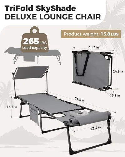 Miniatura 2 de KingCamp Silla de bronceado con agujero facial, sillas de descanso plegables para exteriores, cómodas, ajustables, de 5 posiciones, tumbona plegable
