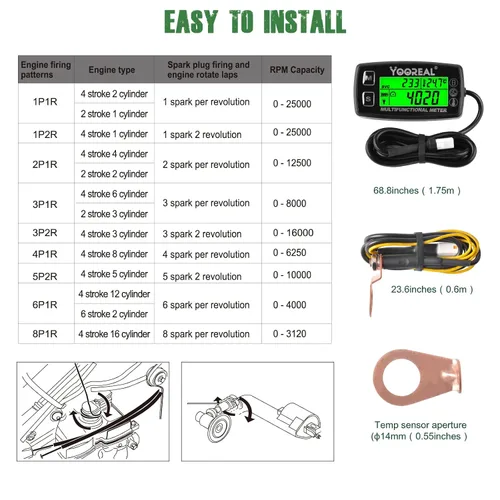 Miniatura 7 de Yooreal Medidor de horas, tacómetro, medidor de temperatura del motor, alerta de temperatura, apagado del usuario, sonda de temperatura extraíble