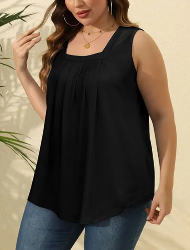 Miniatura 159 de Saloogoe - Camisetas sin mangas veraniegas para mujeres, plisadas con cuello cuadrado y dobladillo curvado, blusas de ajuste holgado con movimiento