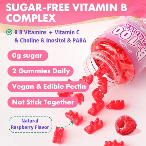 Miniatura 7 de Gomitas de complejo de vitamina B, todas las vitaminas B + metilo B12, B1, B2, B3, B5, B6, biotina, metilfolato, vitamina C, colina, inositol, PABA