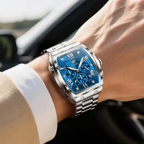 Miniatura 3 de OLEVS Relojes para Hombres Cronógrafo Impermeable Cara Rectangular Fase Lunar Correa de Acero Inoxidable Relojes de Vestir para Hombres Luminoso