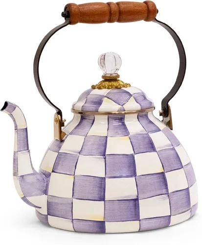 Miniatura 16 de MACKENZIE-CHILDS Tetera esmaltada, elegante tetera para estufa, cuadros cortesanos en blanco y negro, 3 cuartos de galón color fantasía