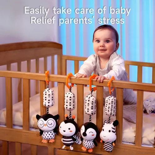 Miniatura 6 de TUMAMA Juguetes de bebé blanco y negro para 3, 6, 9, 12 meses, sonajeros colgantes de felpa, juguetes de cochecito para recién nacidos para niños