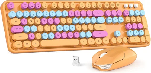 Miniatura 9 de MOWUX - Combo de teclado y mouse inalámbricos, máquina de escribir de tamaño completo, retro, redondo, lindo mouse óptico inalámbrico, Plug and Azul