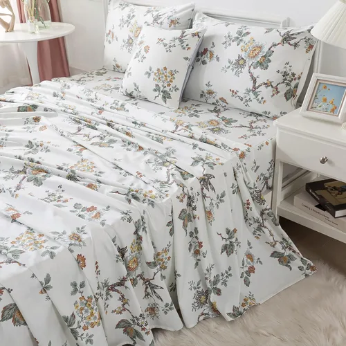 Miniatura 2 de FADFAY Elegante juego de sábanas con estampado de pájaros beige desgastado, 100% algodón, ultra suave, para niñas, con bolsillo profundo, 4 piezas