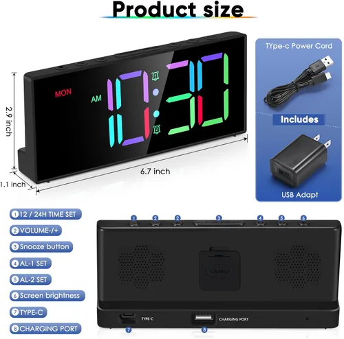 Miniatura 7 de Tetino Reloj despertador fuerte para durmientes pesados, relojes digitales con brillo de volumen ajustable, repetición, respaldo de batería