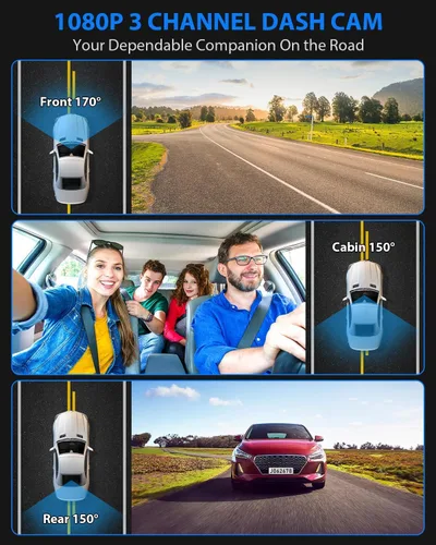 Miniatura 9 de Cámara de tablero frontal y trasera, cámara de tablero 1080P para automóviles, cámara de automóvil de 3 canales frontal trasera e