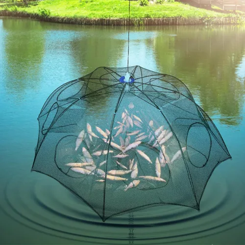 Miniatura 9 de Red plegable para trampa de peces para cangrejos, cangrejos, minnows, camarones - Jaula de cebo de pesca plegable automática con 8 entradas, fácil
