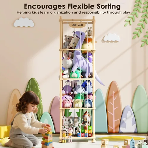 Miniatura 7 de Organizador de almacenamiento de animales de peluche, estante de almacenamiento de juguetes de madera de pino macizo con estantes extraíbles