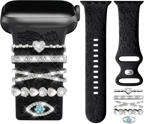 Miniatura 25 de DaQin Banda con Flor Grabada Compatible con Apple Watch, Bandas de 44mm, 42mm, 45mm, 46mm para Mujeres, Correa de Silicona Suave con Decoración