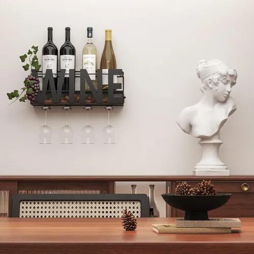 Miniatura 5 de Estante de metal para vino montado en la pared, soporte para botella de vino, soporte para botella de vino, soporte para 4 vasos de tallo largo