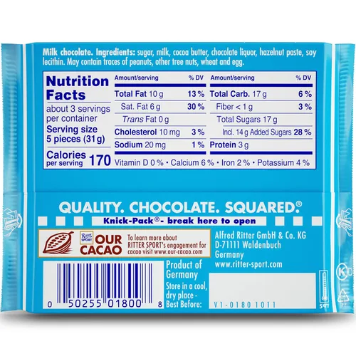 Miniatura 2 de Ritter Sport Alpine Chocolate con leche, barra de 3.5 onzas, paquete de 12 unidades de cacao sostenible 100% certificado