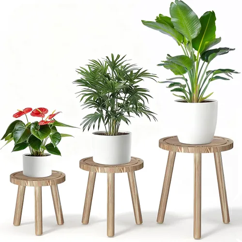 Miniatura 8 de Paquete de 3 soportes para plantas de interior y exterior, estilo moderno de mediados del siglo, taburete para plantas de madera, porta macetas