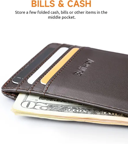 Miniatura 113 de Buffway Billetera delgada para hombre, minimalista con bolsillo frontal delgado, tarjetero de cuero con bloqueo RFID para viajes de trabajo