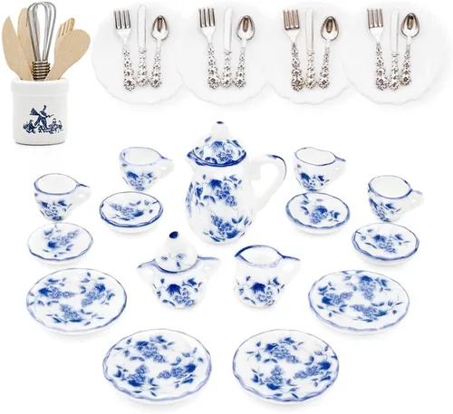 Miniatura 15 de Odoria 1/12 Juego de té de porcelana en miniatura Platos y cubiertos Utensilios de cocina Accesorios para casa de muñecas, azul mediterráneo
