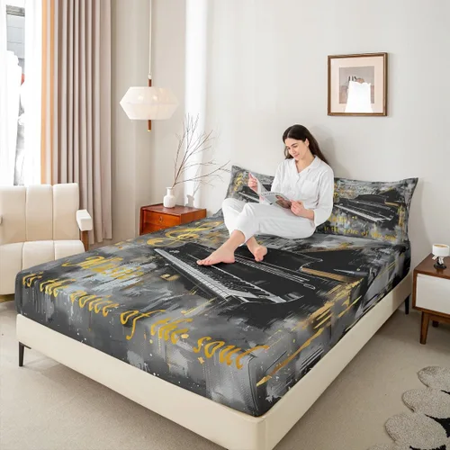 Miniatura 6 de Homewish Juego de sábanas de música de piano, tamaño Queen, juego de ropa de cama de notas musicales de 4 piezas para decoración de habitación