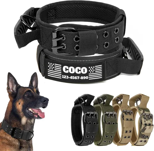 Miniatura 10 de Collar táctico personalizado para perro con parches de nombre y números, collar personalizado resistente con hebilla de cinturón de metal de 2 pines