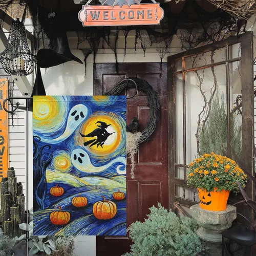 Miniatura 3 de Louise Maelys Bandera de jardín de calabaza de Halloween de 12 x 18 pulgadas, doble cara, arpillera, pequeña, noche estrellada, fantasma, bruja