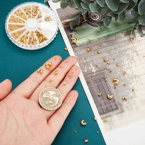 Miniatura 6 de PH PandaHall Acerca de 1591 piezas de kits de hallazgos de fabricación de joyas, 12 estilos de cuentas de latón dorado, cuentas de crimpado