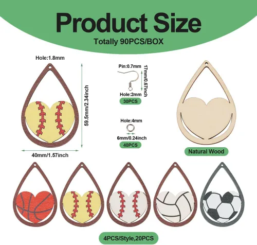 Miniatura 4 de Juego de 20 piezas de aretes de bola deportiva para fútbol, baloncesto, rugby, dijes de madera, 5 estilos, aretes de bola deportiva con ganchos