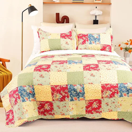 Miniatura 11 de Cmfshape - Juego de edredón de verano floral King acolchado, juego de edredón rosa romántico King, juego de ropa de cama reversible cosido para Rosa