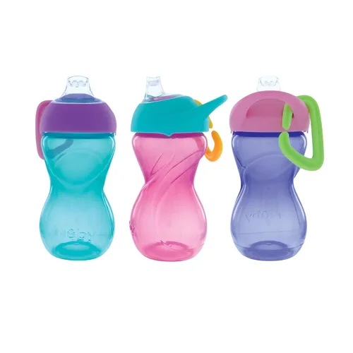 Nuby No-Spill Clik-It - Vaso para sorber de boquilla suave con clip de mosquetón, paquete de 3 unidades, 10 onzas, taza para bebés de 6 meses en Rosa