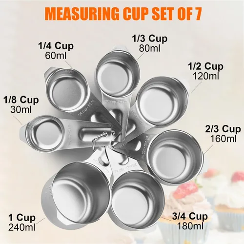 Miniatura 2 de Juego de 7 tazas medidoras apilables de acero inoxidable, resistentes, perfectas para ingredientes secos y líquidos, tazas medidoras anidables