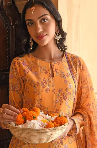 Miniatura 6 de Janasya Kurta de mujer india con estampado floral de Georgette amarillo con palazzo acampanado y dupatta