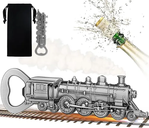 Miniatura 9 de Abrebotellas de tren de vapor, abridor de cerveza único para hombres, papá, novio, regalos de cumpleaños, locomotora de bronce con bolsa de Bronce