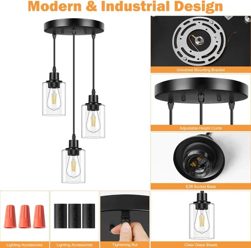 Miniatura 7 de Licperron Lámparas colgantes de 3 luces, luces colgantes negras para isla de cocina, iluminación colgante ajustable con pantalla de vidrio