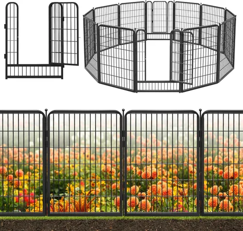 Miniatura 13 de Valla decorativa de metal negro para jardín con puerta, 82 pies de largo, 32 pulgadas de alto, 36 paneles de valla sin excavación, valla de barrera