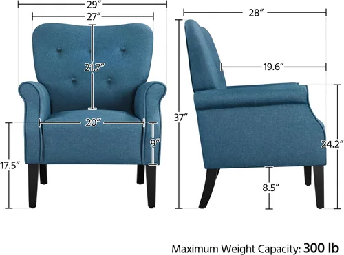 Miniatura 3 de Yaheetech Sillón moderno, silla decorativa de mediados de siglo con patas de madera resistentes y respaldo alto para espacios pequeños, sofá Azul