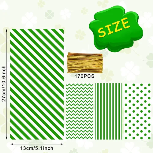 Miniatura 2 de Whaline 160 bolsas de celofán verde, bolsas de regalo para el día de San Patricio, bolsas de regalo transparentes verdes y blancas con rayas Rosado