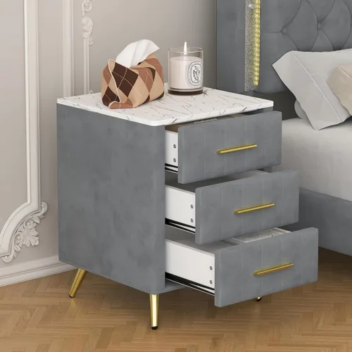 Miniatura 6 de Mesita de noche de terciopelo SOFTSEA con 3 cajones, mesita de noche tapizada con tapa de mármol sintético, mueble de mesa auxiliar, mesita de noche
